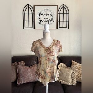 Vintage Y2K 100%-Silk DressBarn
Paisley-Print Beaded V-Neck Multi-Layered Set